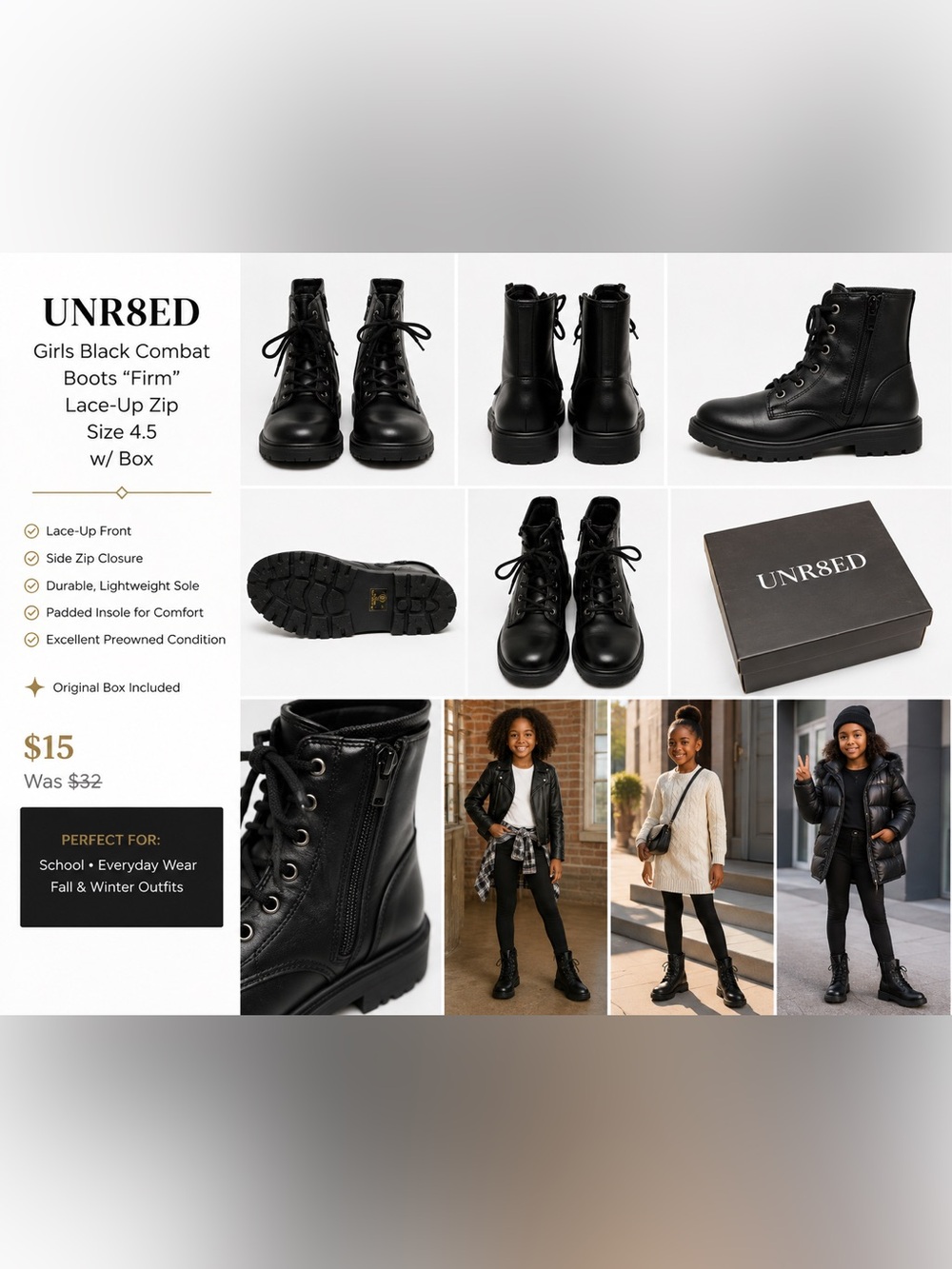 UNR8ED Girls Black Combat Boots “Firm” Lace-Up Zip Size 4.5 w/ Box
